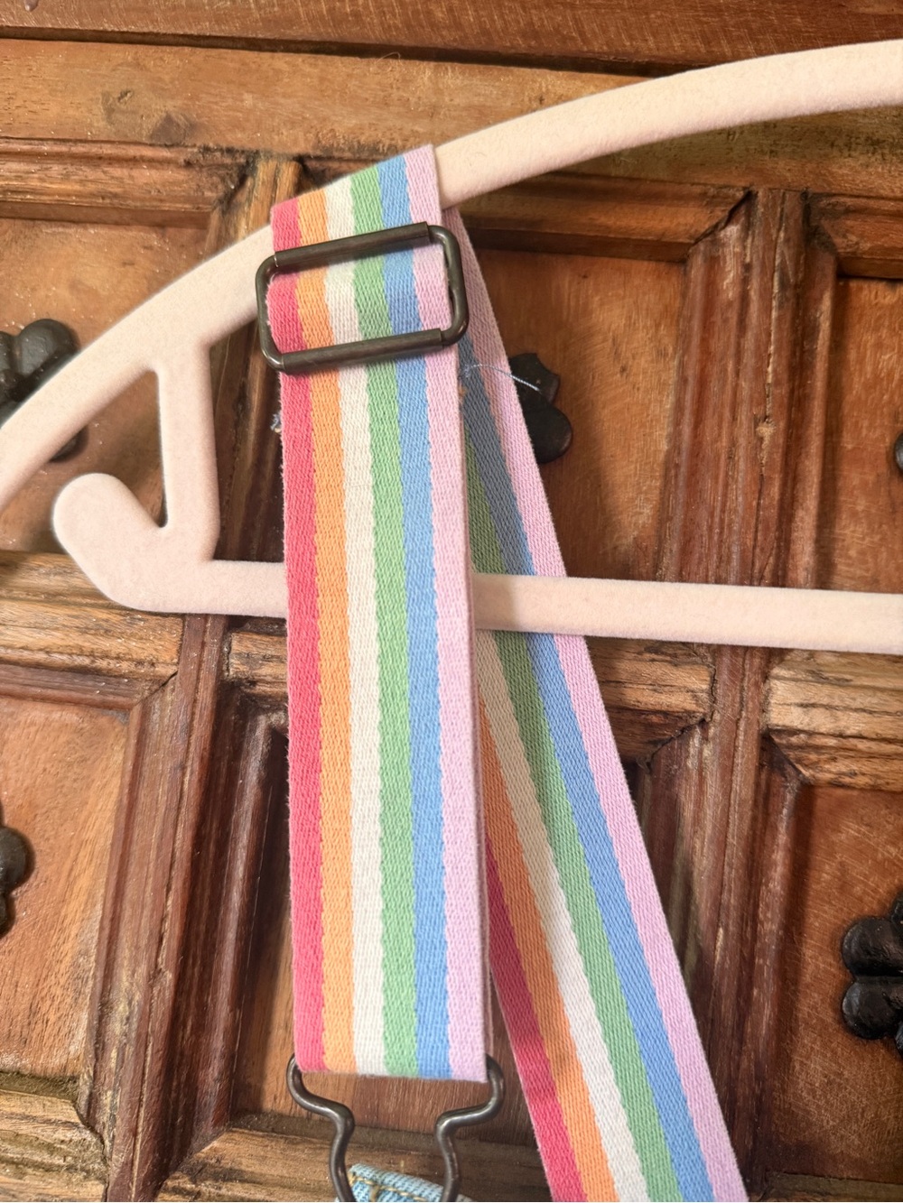 vintage Light Blue Denim Short Overalls with Rainbow Straps - Picture 4 of 6